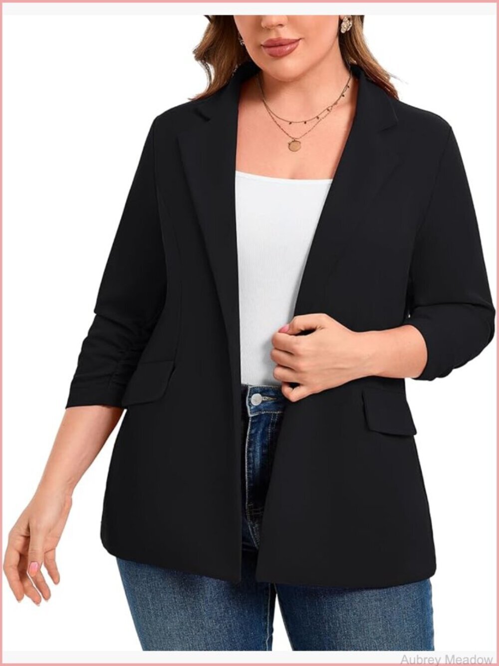 Plus Size Blazer 3/4 Sleeve Open Front with Pockets Business Casual
